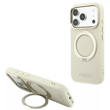 Guess Ring Stand 360 Grained Classic Logo étui MagSafe pour iPhone 18 Pro Max / 17 Pro Max beige