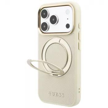 Guess Ring Stand 360 Grained Classic Logo étui MagSafe pour iPhone 18 Pro Max / 17 Pro Max beige
