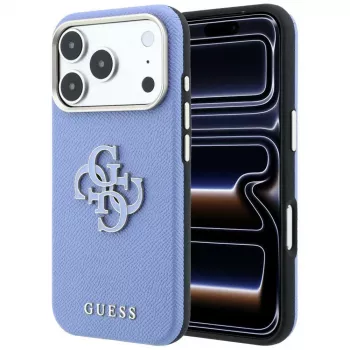 Coque Guess grainée avec grand logo en résine pour iPhone 18 Pro / 17 Pro, bleu