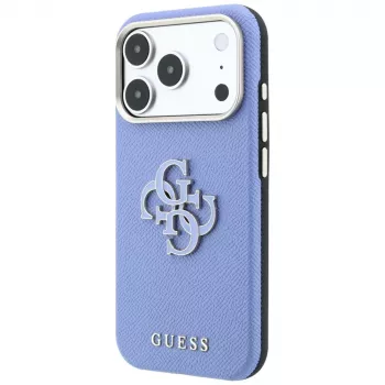Coque Guess grainée avec grand logo en résine pour iPhone 18 Pro / 17 Pro, bleu