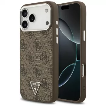 Coque Guess 4G Triangle Logo MagSafe pour iPhone 18 Pro Max / 17 Pro Max, marron/argent