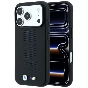 Coque MagSafe BMW M Blue Perfo Metal Logo pour iPhone 18 Pro / 17 Pro, noire