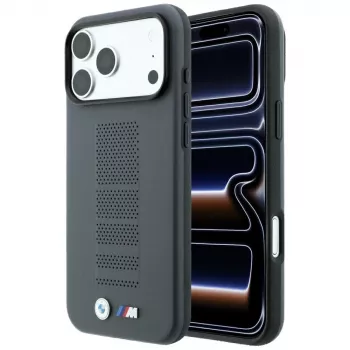 Coque MagSafe BMW M Blue Perfo Metal Logo pour iPhone 18 Pro / 17 Pro, grise