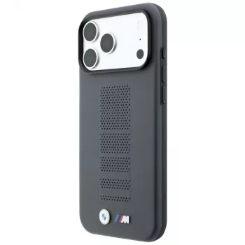 Coque MagSafe BMW M Blue Perfo Metal Logo pour iPhone 18 Pro / 17 Pro, grise