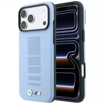 Coque MagSafe BMW M Blue Perfo Metal Logo pour iPhone 18 Pro / 17 Pro, bleue