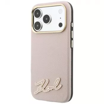 Coque Karl Lagerfeld à surface grainée et logo signature en résine, MagSafe, pour iPhone 18 Pro / 17 Pro, rose