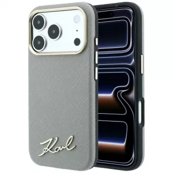 Coque MagSafe Karl Lagerfeld Saffiano à petit logo métallique Script pour iPhone 18 Pro Max / 17 Pro Max, beige