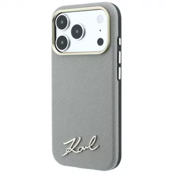 Coque MagSafe Karl Lagerfeld Saffiano à petit logo métallique Script pour iPhone 18 Pro Max / 17 Pro Max, beige