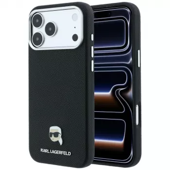 Coque MagSafe Karl Lagerfeld grainée Karl Head en métal pour iPhone 18 Pro Max / 17 Pro Max, noire