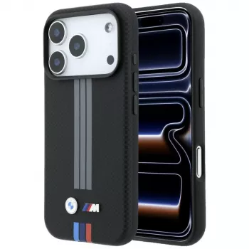 Coque MagSafe BMW M Quadrille Kevlar Anthracite & Tricolor Print Lines pour iPhone 18 Pro Max / 17 Pro Max, noire