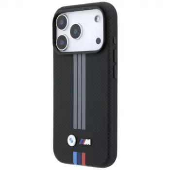 Coque MagSafe BMW M Quadrille Kevlar Anthracite & Tricolor Print Lines pour iPhone 18 Pro Max / 17 Pro Max, noire