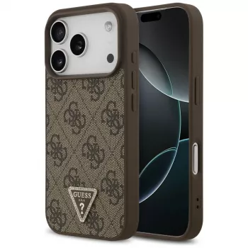 Coque MagSafe Guess en cuir 4G Triangle Strass pour iPhone 18 Pro / 17 Pro, marron