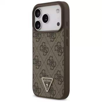 Coque MagSafe Guess en cuir 4G Triangle Strass pour iPhone 18 Pro / 17 Pro, marron
