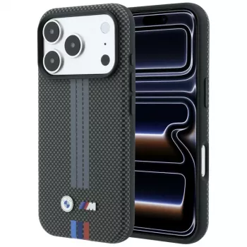 Coque MagSafe BMW M Quadrille Kevlar Tricolor Print Lines pour iPhone 18 Pro / 17 Pro, anthracite
