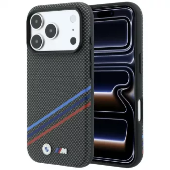 Coque MagSafe BMW M Quadrille Kevlar Print Tricolor Lines & Metal Logo pour iPhone 18 Pro Max / 17 Pro Max, anthracite