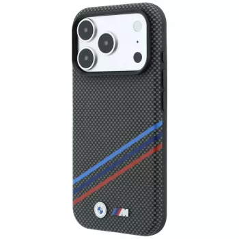Coque MagSafe BMW M Quadrille Kevlar Print Tricolor Lines & Metal Logo pour iPhone 18 Pro Max / 17 Pro Max, anthracite