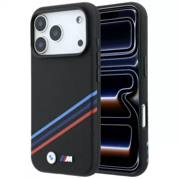 Coque MagSafe BMW M Quadrille Kevlar Print Tricolor Lines & Metal Logo pour iPhone 18 Pro Max / 17 Pro Max, noire