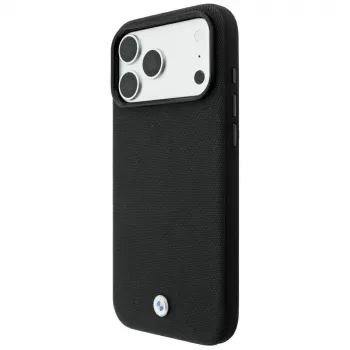 Coque MagSafe BMW Kevlar Metal Logo pour iPhone 18 Pro / 17 Pro, noire