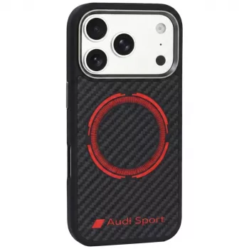 Coque MagSafe en fibre de carbone Audi RSQ Carbon Fiber Sport Red Circle pour iPhone 18 Pro / 17 Pro, noire