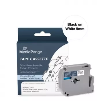 MediaRange Label Tape Cassette for Brother M-K221BZ, 9 mm x 8 m, Black on White
