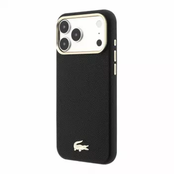 Coque MagSafe Lacoste cuir PU Champs Elysees pour iPhone 18 Pro Max / 17 Pro Max, logo doré, noir et or