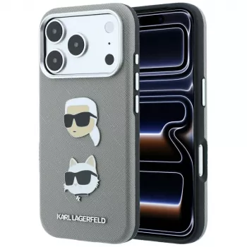 Coque Saffiano Karl Lagerfeld KF003253 avec pins Karl & Choupette Heads et logo pour iPhone 18 Pro / 17 Pro, gris
