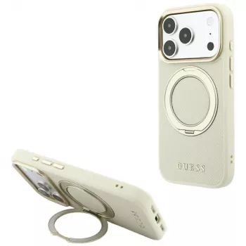 Coque MagSafe Guess GUE005667 Ring Stand 360 Grained Classic Logo pour iPhone 18 Pro / 17 Pro, beige