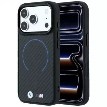 Coque de smartphone MagSafe BMW M Kevlar Blue Print Ring MetalLogo pour iPhone 18 Pro Max / 17 Pro Max, noir