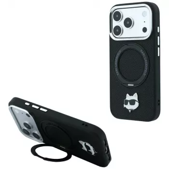 Coque de smartphone MagSafe Karl Lagerfeld with Ring Stand 360 Choupette Head Pin pour iPhone 18 Pro / 17 Pro, noire