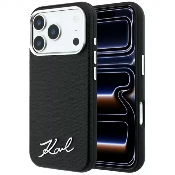 Étui pour smartphone MagSafe Karl Lagerfeld Saffiano Small Script Metal Logo pour iPhone 18 Pro / 17 Pro, noir