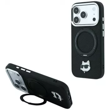 Coque MagSafe Karl Lagerfeld KF003216 Ring Stand 360 Choupette Head Pin pour iPhone 18 Pro Max / 17 Pro Max, noire