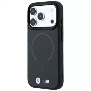 Coque MagSafe BMW M Kevlar Red Print Ring Metal Logo pour iPhone 18 Pro Max / 17 Pro Max, noire