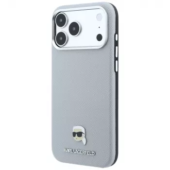 Coque Karl Lagerfeld Grained Karl Head Metal, MagSafe, pour iPhone 18 Pro / 17 Pro, grise