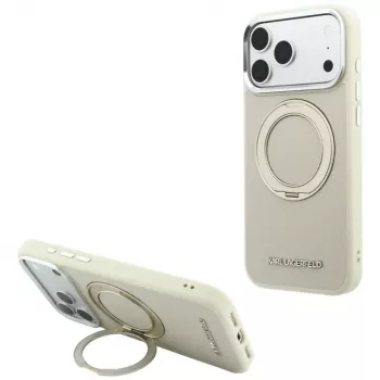 Coque MagSafe Karl Lagerfeld Ring Stand 360 Saffiano Classic Logo pour iPhone 18 Pro Max / 17 Pro Max, beige