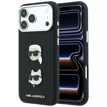 Coque Karl Lagerfeld KF003250 pour iPhone 18 Pro Max / 17 Pro Max, Saffiano with Karl & Choupette Heads Pins & Logo, noire