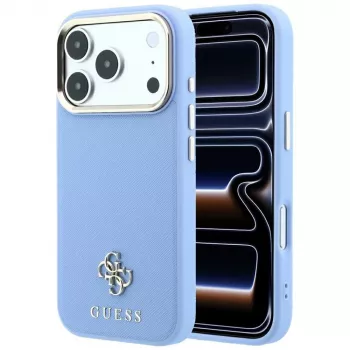 Guess GUE005538 coque MagSafe Saffiano Small 4G & Classic Logo pour iPhone 18 Pro / 17 Pro, bleu clair