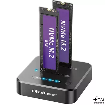 Qoltec 52633 station d'accueil double SSD M.2 NVMe, PCIe, 2 x 8 To, USB-C 3.2, 10 Gb/s, clonage hors ligne
