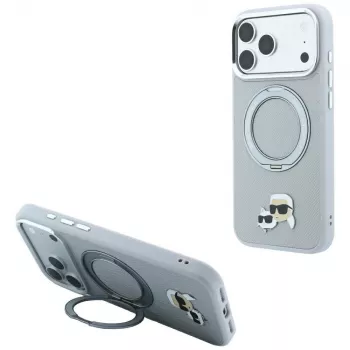 Coque MagSafe Karl Lagerfeld KF003229 avec support annulaire 360 Karl & Choupette Heads Pin pour iPhone 18 Pro / 17 Pro, gris