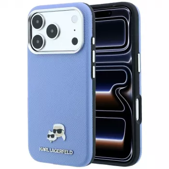 Coque arrière MagSafe Karl Lagerfeld KLHMP18L6PSKCHLB PU Grained Semi Wrap K&CH Heads pour iPhone 17 Pro / 18 Pro, bleu