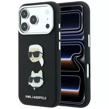 Coque Karl Lagerfeld KF003249 Saffiano with Karl & Choupette Heads Pins & Logo pour iPhone 18 Pro / 17 Pro, noire