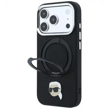 Coque MagSafe Karl Lagerfeld avec Ring Stand 360 et Karl Head Pin pour iPhone 18 Pro / 17 Pro, noire