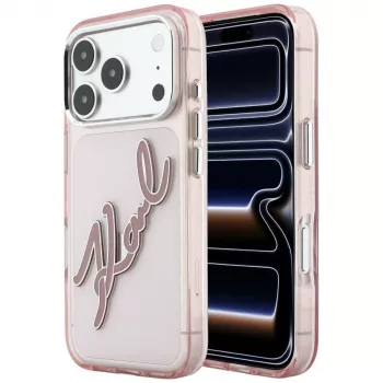 Coque Karl Lagerfeld KF003384 IML Big Signature Resin Metal Frame pour iPhone 18 Pro Max / 17 Pro Max, rose