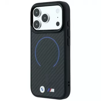 Coque MagSafe BMW M Kevlar Blue Print Ring MetalLogo pour iPhone 18 Pro / 17 Pro, noire
