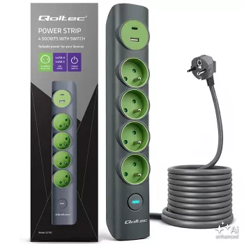 Multiprise Qoltec 52762 avec interrupteur lumineux, 4 prises de terre, 1 x USB-C 15 W, 1 x USB 12 W, 1,8 m