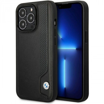BMW BMHCP14L22RBDK coque rigide en cuir Blue Dots pour iPhone 14 Pro 6,1 inch, noire