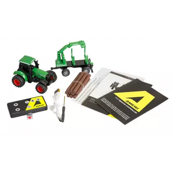 Tracteur en métal Amewi avec remorque forestière, 1:64, RTR, vert