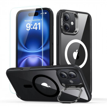 Coque MagSafe ESR Classic Hybrid Kickstand HaloLock avec verre trempé pour Apple iPhone 16, transparent/noir