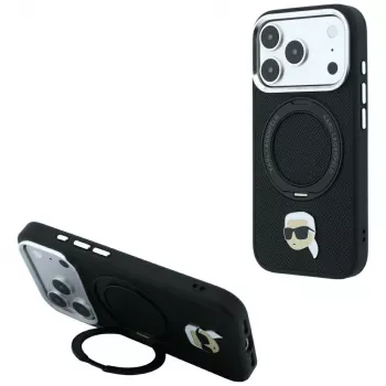 Karl Lagerfeld with Ring Stand 360 Karl Head Pin MagSafe coque pour Apple iPhone 18 Pro Max / 17 Pro Max, noire (KF003234)