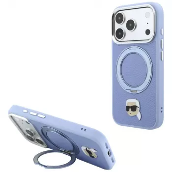 Karl Lagerfeld with Ring Stand 360 Karl Head Pin MagSafe coque pour Apple iPhone 18 Pro Max / 17 Pro Max, bleu clair (KF003238)