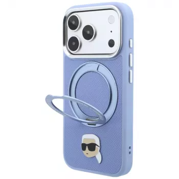Karl Lagerfeld with Ring Stand 360 Karl Head Pin MagSafe coque pour Apple iPhone 18 Pro Max / 17 Pro Max, bleu clair (KF003238)
